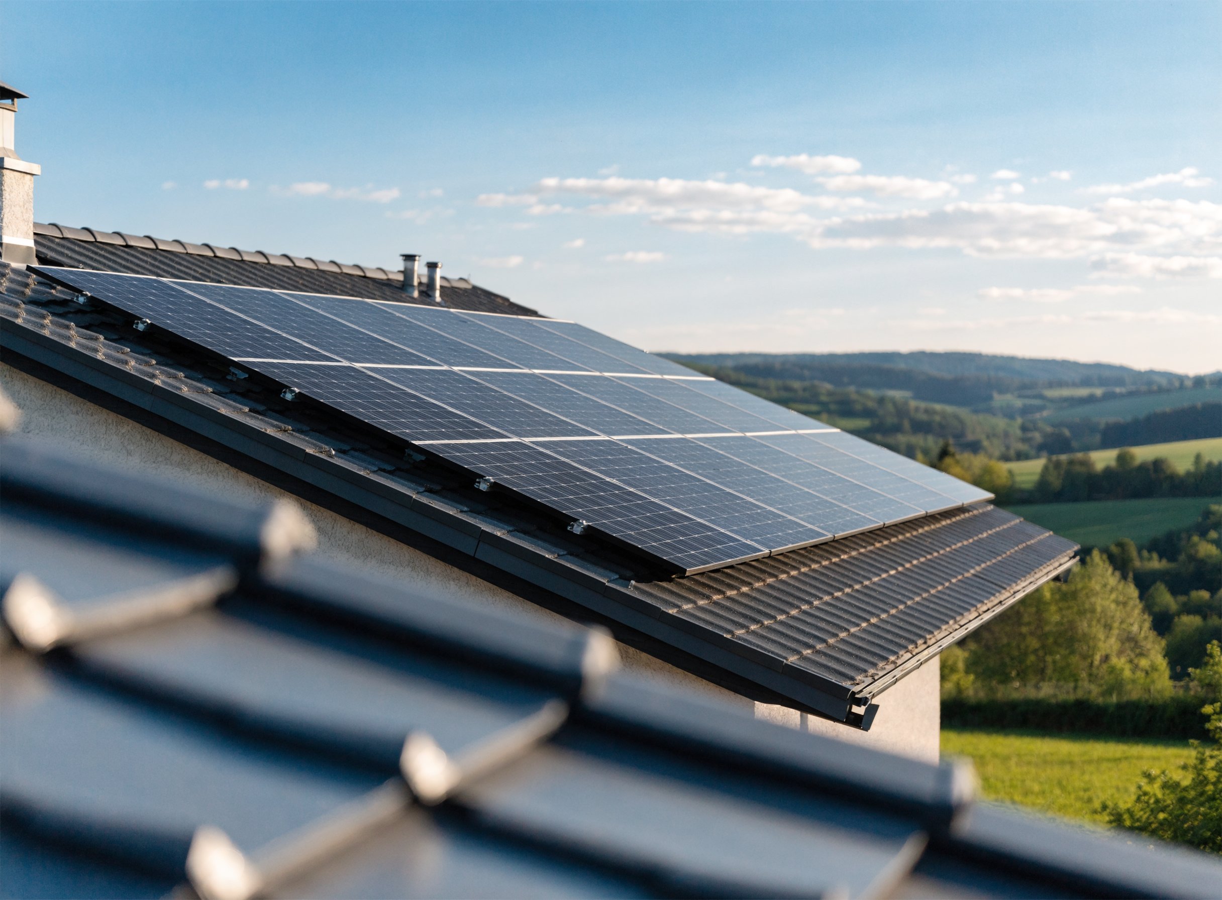 Sauber installierte Photovoltaik-Anlage auf dem Dach eines Einfamilienhauses – Photovoltaik