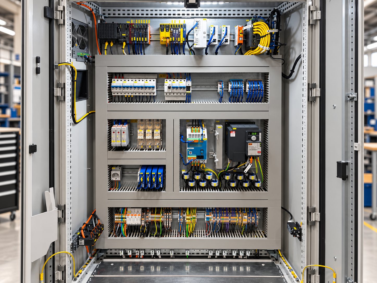 Schaltschrankbau nach EN 61439: geöffneter, sauber verdrahteter Schaltschrank mit Klemmenleisten und Aderkennzeichnung