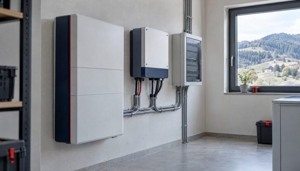 Photovoltaik mit Speicher: Batteriespeicher, Wechselrichter und Verteiler im Technikraum eines Einfamilienhauses